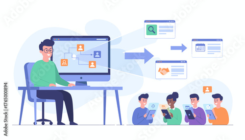 Modern flat illustration of an HR professional using a computer to manage organizational structure and employee relations, with team members collaborating digitally on tablets, symbolizing efficient