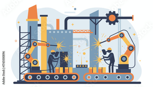 Modern industrial scene with robotic arms and human workers welding on a conveyor belt, set against a backdrop of abstract factory elements, gears, and pipes, symbolizing manufacturing and automation