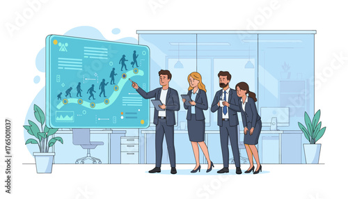 Diverse business office workers analyze a digital infographic displaying human evolution and growth charts on a large screen, symbolizing progress and development in a modern corporate setting.