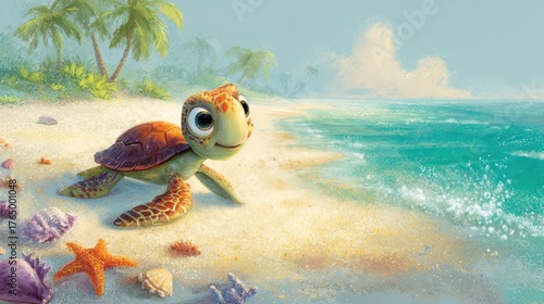 Cartoon sea turtle on sandy beach near turquoise ocean daylight scene