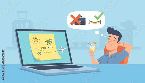 Man dreaming of a tropical vacation while working on his laptop, with a thought bubble showing a crossed-out briefcase and a checkmark next to a hammock, symbolizing a desire to escape work for
