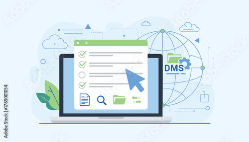 Digital document management system concept with a laptop displaying a checklist and a cursor, alongside a globe and cloud icons, representing online data organization and workflow automation for