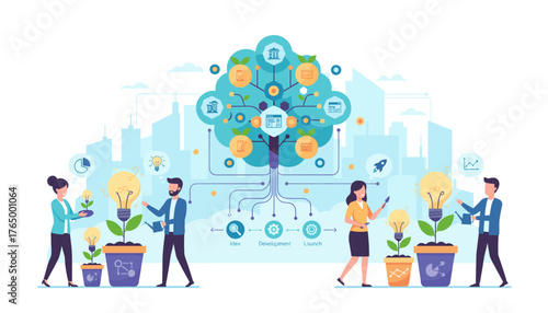 Business people nurturing potted plants symbolizing growth and innovation, with a central tree structure representing ideas, development, and launch stages against a city skyline backdrop