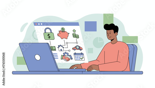 Man using laptop for personal loan and financial planning, visualizing concepts like savings, investment, car loan, mortgage, handshake, and calendar, representing financial security and growth in a