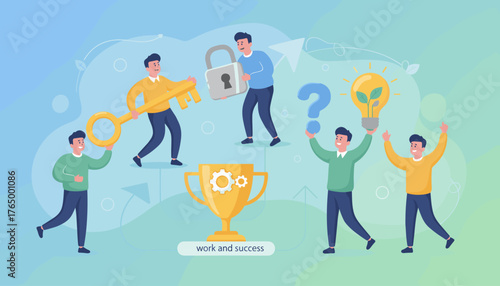 Creative business team collaborating on problem-solving, holding key, lock, question mark, lightbulb, and trophy icons, symbolizing innovation, strategy, and successful project completion in a