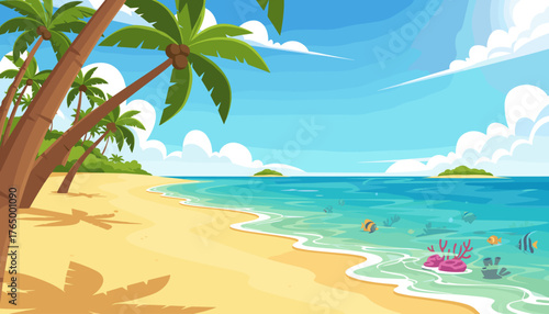 Vibrant cartoon illustration of a pristine tropical beach with golden sand, clear turquoise ocean waves gently lapping the shore, lush green palm trees casting shadows, and colorful fish swimming