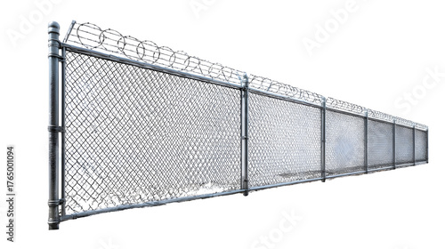 A chain link security fence topped with barbed wire extends into a clean white background with snow on the ground