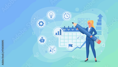 Businesswoman holding a giant pencil, planning and strategizing with a calendar, charts, and icons representing ideas, time, gears, savings, and teamwork, symbolizing project management and