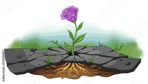A vibrant purple rose with visible roots pushes through cracked asphalt, symbolizing resilience, hope, and nature's persistent power to overcome adversity and urban environments, with small green