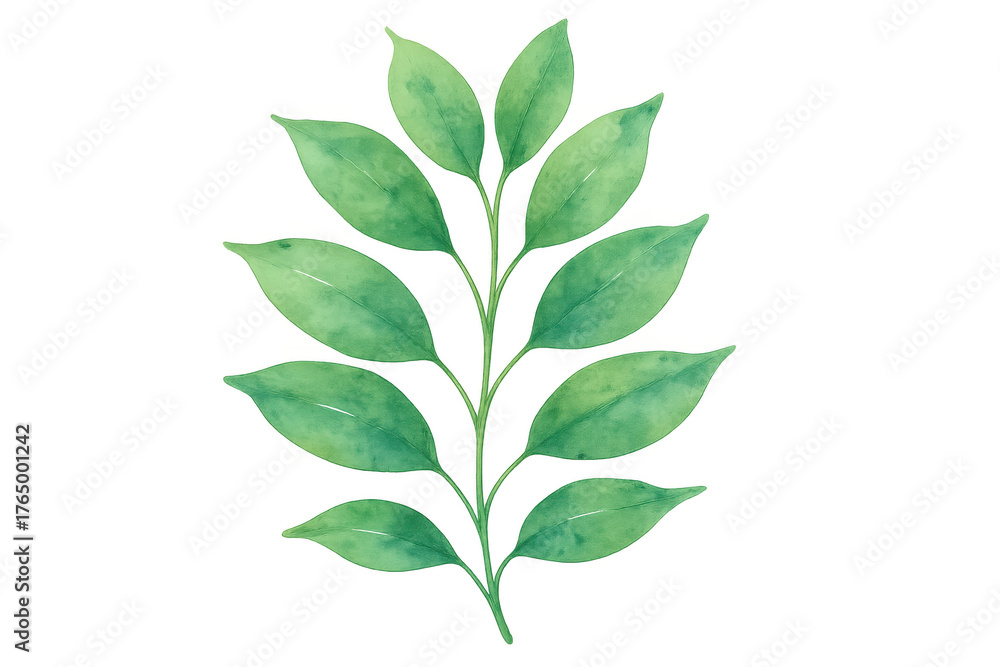 Fototapeta premium Green watercolor plant branch with fresh leaves, botanical illustration, showing nature and growth on transparent background