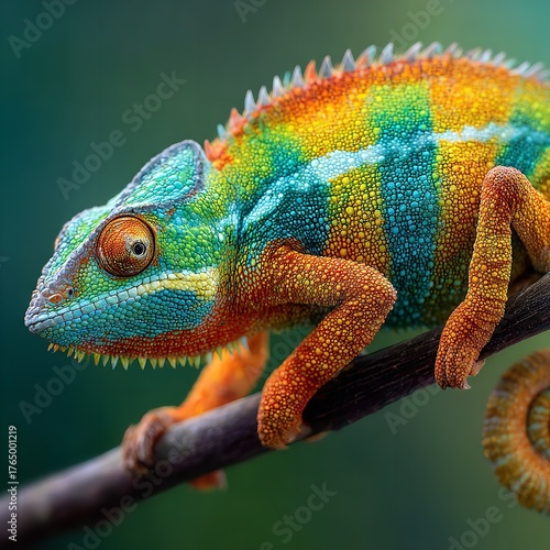 Vibrant panther chameleon with striking colors perched on a branch, showcasing its unique texture and detailed scales in a macro shot