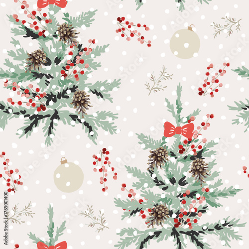 Christmas seamless pattern, fir trees, bow, balls, red berries, pine cones, snow, beige background. Vector illustration. Nature design. Season greeting. Winter Xmas holidays