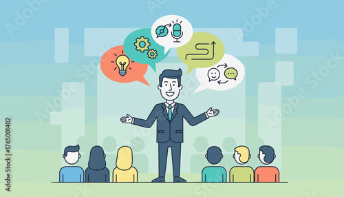 Dynamic illustration of a confident businessman presenting ideas to an attentive audience, with speech bubbles showcasing concepts like innovation, gears, progress, and communication, symbolizing