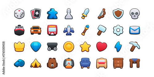 Ultimate icon set. Isolated vector illustration of mobile game sprites. Design for stickers, logo, mobile app. Arcade or match 3 2d graphics game asset. Flat 3d big item sprites sheet. 