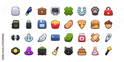 Ultimate icon set. Isolated vector illustration of mobile game sprites. Design for stickers, logo, mobile app. Arcade or match 3 2d graphics game asset. Flat 3d big item sprites sheet. 