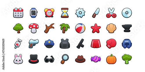 Ultimate icon set. Isolated vector illustration of mobile game sprites. Design for stickers, logo, mobile app. Arcade or match 3 2d graphics game asset. Flat 3d big item sprites sheet. 