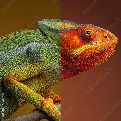 Closeup of a chameleons head and body, showcasing its textured skin and vibrant colors, split into green and orange halves against a warm brown background
