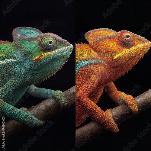 Split image showing two chameleons, one green and blue, the other orange and yellow, perched on a branch against a dark background, highlighting their distinct colors and textures