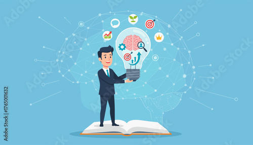 A smiling businessman in a suit stands on an open book, holding a glowing light bulb filled with icons representing ideas, growth, and success, set against a stylized brain network illustration