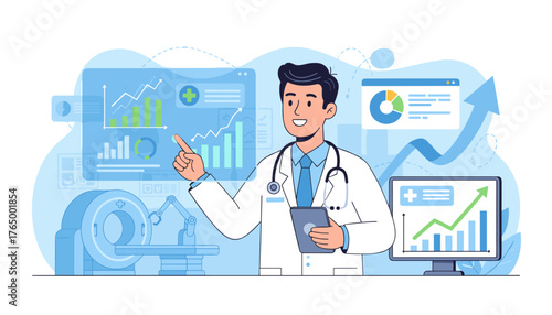 A smiling doctor wearing a white coat and stethoscope, pointing at a futuristic holographic display showing medical charts and graphs, symbolizing healthcare data analysis and technological