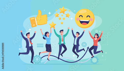 Vibrant illustration of a diverse group of jubilant business professionals jumping for joy, celebrating success with stars, a thumbs-up icon, and a happy emoji, symbolizing employee engagement