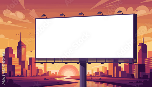 Vibrant cityscape at sunset with a large, blank billboard for advertisement space, featuring modern skyscrapers and a winding river reflecting the warm sky, perfect for marketing and design concepts.