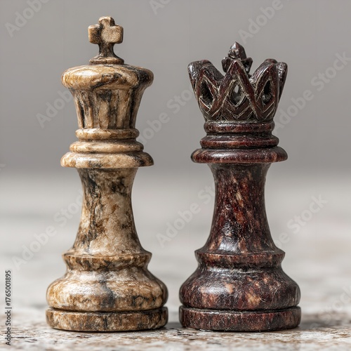 Closeup of two intricately carved stone chess pieces, a king and a queen, standing sidebyside against a neutral, textured background, showcasing their detailed craftsmanship and regal appearance