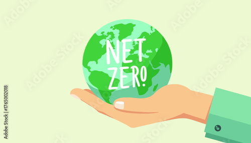 A stylized hand gently cradles a vibrant green globe, symbolizing the Earth, emblazoned with the bold white text "NET ZERO," representing a commitment to environmental sustainability and climate