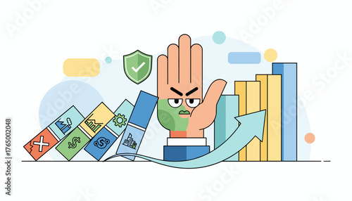 Conceptual illustration of a stylized hand with an angry face stopping a falling domino effect of business icons, symbolizing crisis prevention, risk management, and financial stability with a shield