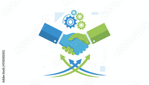 Symbolic illustration of a handshake between two business people, representing a strong union, cooperation, and partnership, with gears symbolizing teamwork and progress, and upward arrows indicating