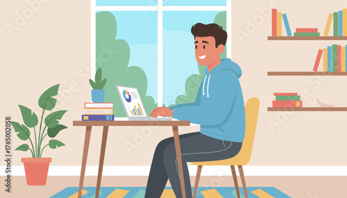 Smiling Hispanic man in a blue hoodie happily working on a laptop at his desk in a cozy home office, surrounded by plants and books, with a large window offering a view of green trees and blue sky
