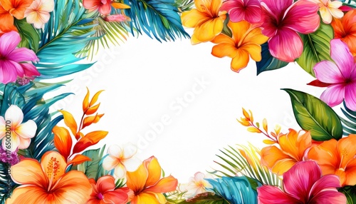 bright vivid tropical hawaiian summer flowers frame border with transparent white background