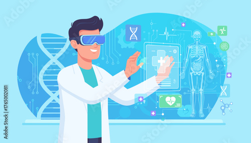 Futuristic healthcare and medical technology concept, a doctor wearing VR goggles interacts with a holographic interface displaying DNA, human anatomy, heartbeat, and medical symbols, representing