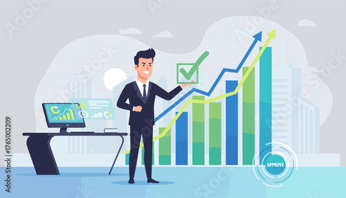Project Approval Concept: A Businessman Analyzes Business Growth Charts and Graphs on a Computer Screen, Holding a Checkmark Symbol, Symbolizing Success and Positive Results in a Modern Cityscape