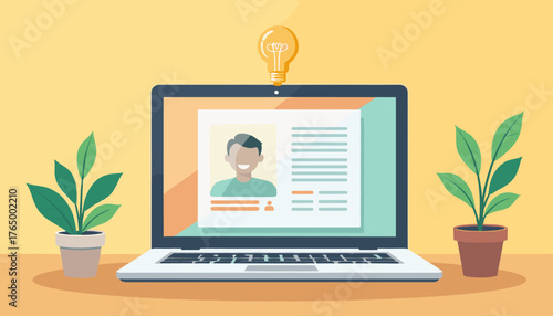 Modern flat vector illustration of a laptop displaying a profile page with a smiling man and text, symbolizing online reputation management and a bright idea represented by a glowing lightbulb above