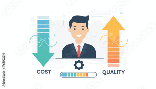 Conceptual illustration of a businessman balancing cost reduction and quality improvement, with a downward arrow for cost and an upward arrow for quality, symbolizing business strategy and