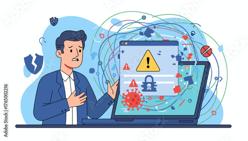 Worried businessman facing a ransomware malware attack and data breach on his laptop, with warning signs, a locked icon, and a virus illustration, symbolizing cybersecurity threats and digital danger.