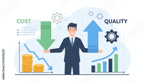 Smiling businessman in a suit demonstrates the concept of cost reduction and quality improvement with upward and downward arrows, stacks of coins, and bar graphs, symbolizing business growth and