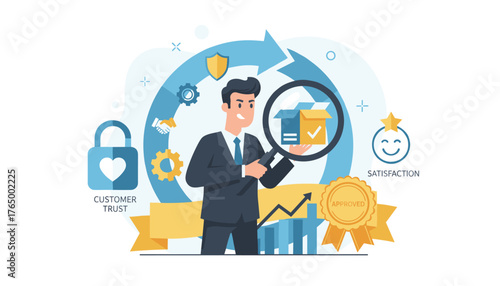 Quality Assurance and Control Process for Business Success: A Man Inspects Boxes with Magnifying Glass, Symbolizing Customer Trust, Satisfaction, and Approved Products with Gears, Shield, and Growth