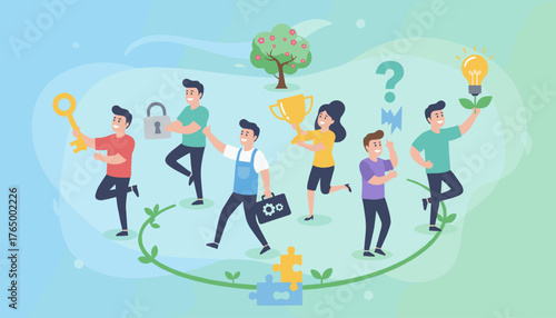 Diverse group of cartoon characters engaged in problem-solving and idea generation, symbolizing business growth, innovation, and teamwork, with icons like a key, lock, trophy, lightbulb, and puzzle