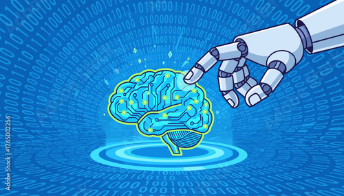 Futuristic robot hand with advanced artificial intelligence circuitry touching a glowing blue brain illustration, symbolizing the intersection of technology and human cognition against a backdrop of