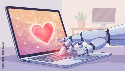 Close-up of a futuristic robotic hand interacting with a laptop keyboard, displaying a vibrant, glowing heart shape on the screen, symbolizing AI, technology, and digital romance or connection.