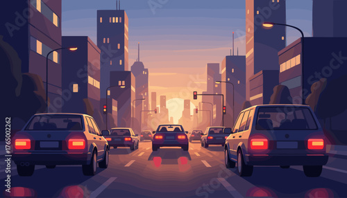 Captivating rear-view perspective of city cars with illuminated taillights, driving through a metropolitan street at dusk, with towering buildings and a warm sunset casting a serene glow, evoking a