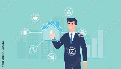 Business man interacting with a futuristic holographic interface displaying a house icon, surrounded by financial and security icons, symbolizing real estate investment, property management, and