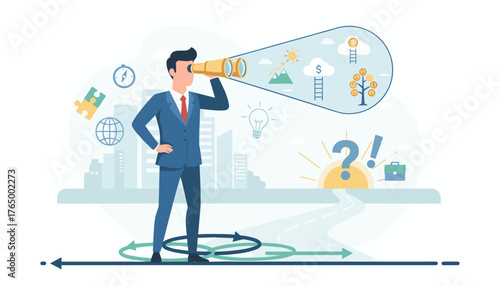A determined businessman in a blue suit peers through a golden spyglass, searching for the right direction, business opportunities, and success, symbolized by a rising sun, question marks, and a