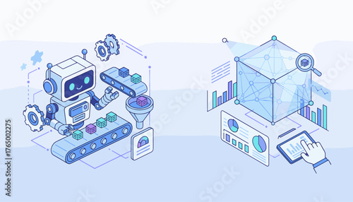 Isometric illustration of a friendly robot working on a conveyor belt with cubes, symbolizing robotic process automation, alongside a digital cube network and data analysis charts, representing