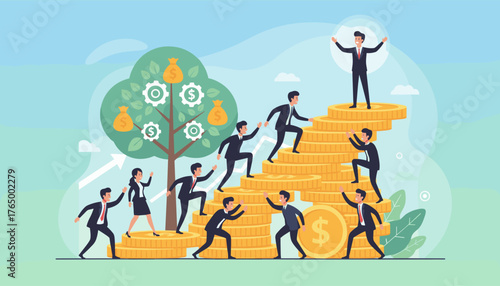 Illustrating the concept of financial growth and career advancement, a vibrant scene depicts business professionals ascending a staircase made of golden coins, symbolizing wealth accumulation and
