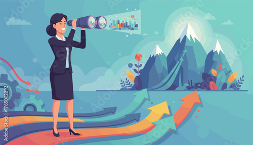 A determined businesswoman in a suit peers through binoculars, symbolizing vision and future growth, with colorful arrows pointing upwards towards majestic mountains and a cityscape, representing