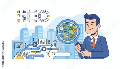 SEO marketing concept with businessman using magnifying glass to examine globe and data charts, symbolizing global search engine optimization strategy, digital analytics, and business growth in a