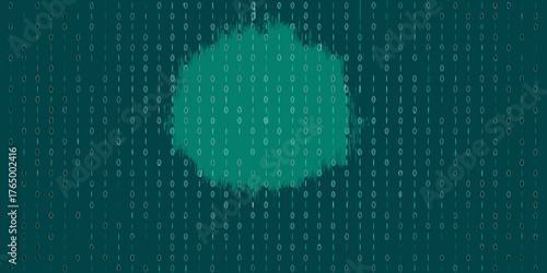 Abstract digital background with teal green blob obscuring binary code data stream